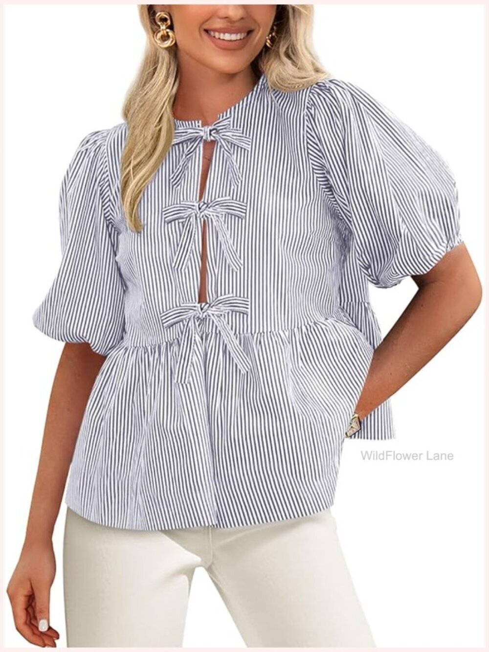 Tie Front Striped Babydoll Top - Trendy Peplum Blouse, Short Sleeve